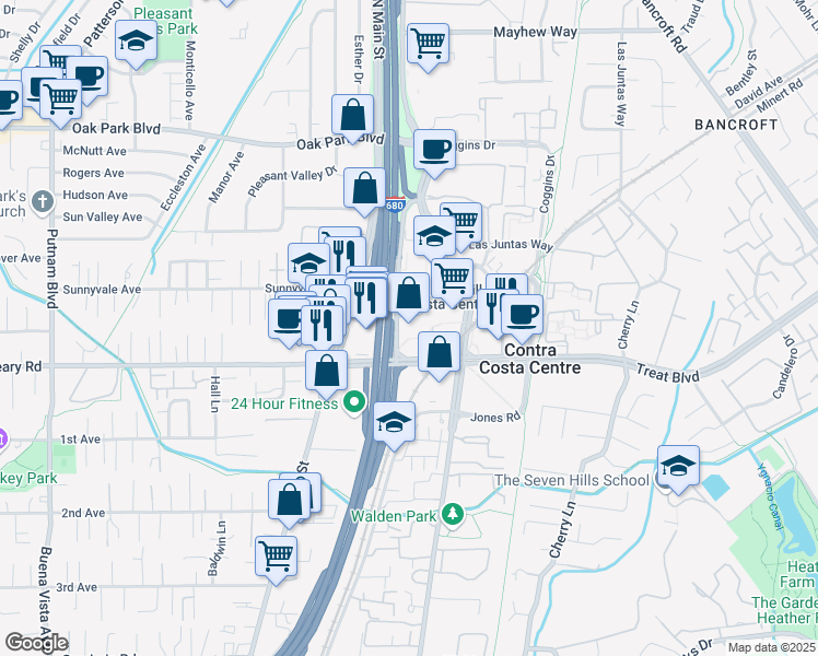 map of restaurants, bars, coffee shops, grocery stores, and more near 1323-1339 Treat Boulevard in Walnut Creek