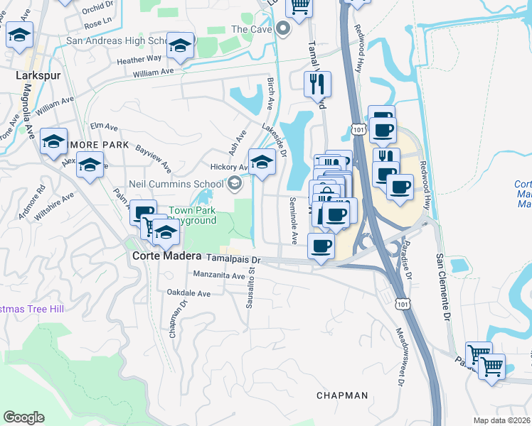 map of restaurants, bars, coffee shops, grocery stores, and more near 31 Mohawk Avenue in Corte Madera
