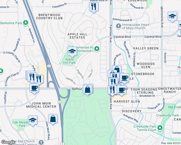 map of restaurants, bars, coffee shops, grocery stores, and more near 1680 Roxbury Way in Brentwood