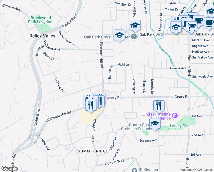 map of restaurants, bars, coffee shops, grocery stores, and more near in Pleasant Hill