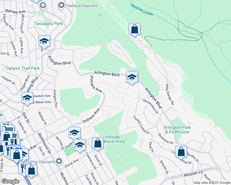 map of restaurants, bars, coffee shops, grocery stores, and more near 1540 Madera Cir in El Cerrito