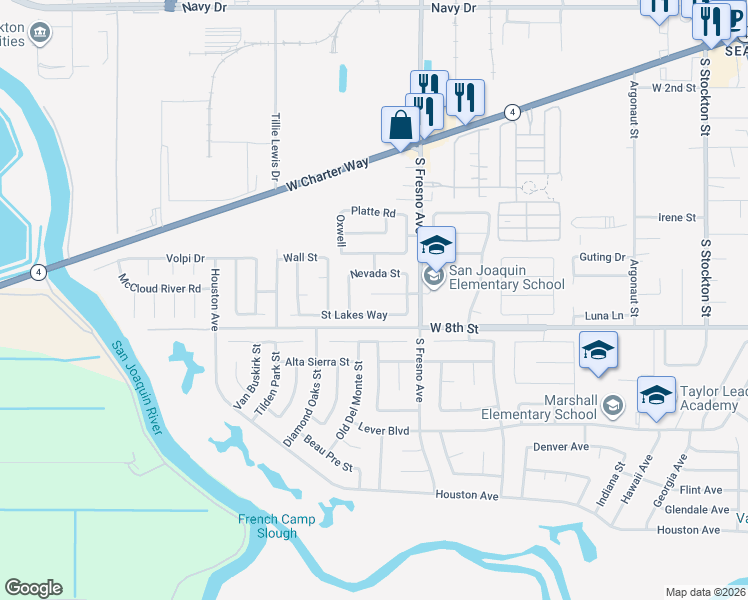 map of restaurants, bars, coffee shops, grocery stores, and more near 1934 Fort Hall Place in Stockton