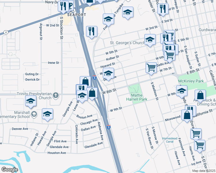 map of restaurants, bars, coffee shops, grocery stores, and more near 2104 French Camp Turnpike in Stockton