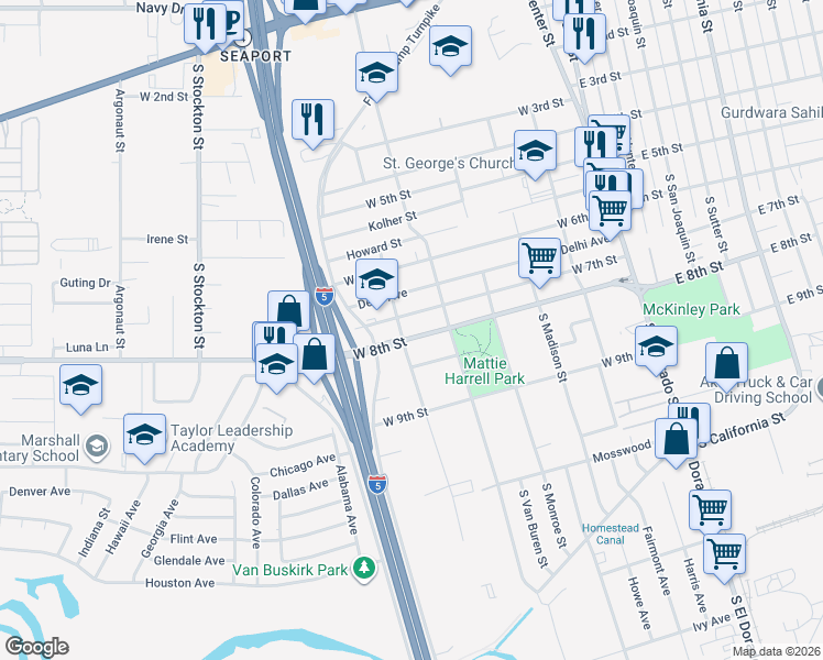 map of restaurants, bars, coffee shops, grocery stores, and more near 461 W 8th St in Stockton