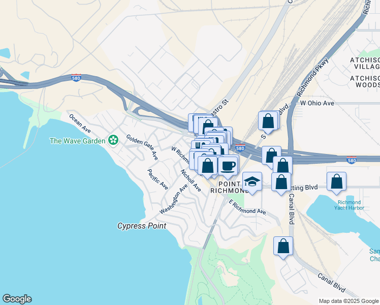 map of restaurants, bars, coffee shops, grocery stores, and more near 107 Martina Street in Richmond