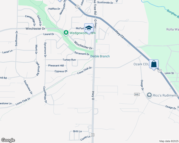 map of restaurants, bars, coffee shops, grocery stores, and more near 1204 East Lions Club Drive in Rolla