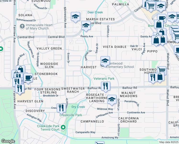 map of restaurants, bars, coffee shops, grocery stores, and more near 293 Amberleaf Way in Brentwood