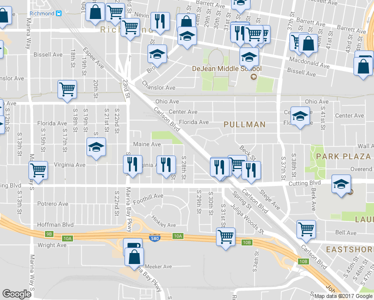 map of restaurants, bars, coffee shops, grocery stores, and more near 2730 Maine Avenue in Richmond