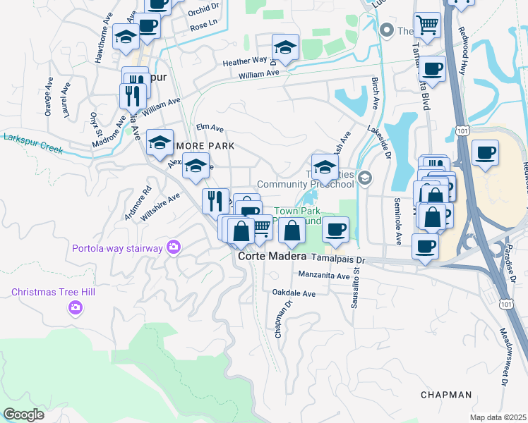 map of restaurants, bars, coffee shops, grocery stores, and more near 47 Redwood Avenue in Corte Madera