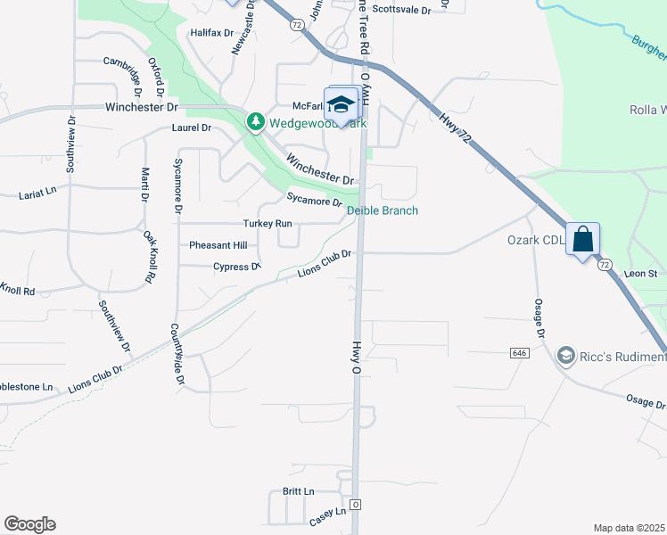 map of restaurants, bars, coffee shops, grocery stores, and more near 1204 East Lions Club Drive in Rolla