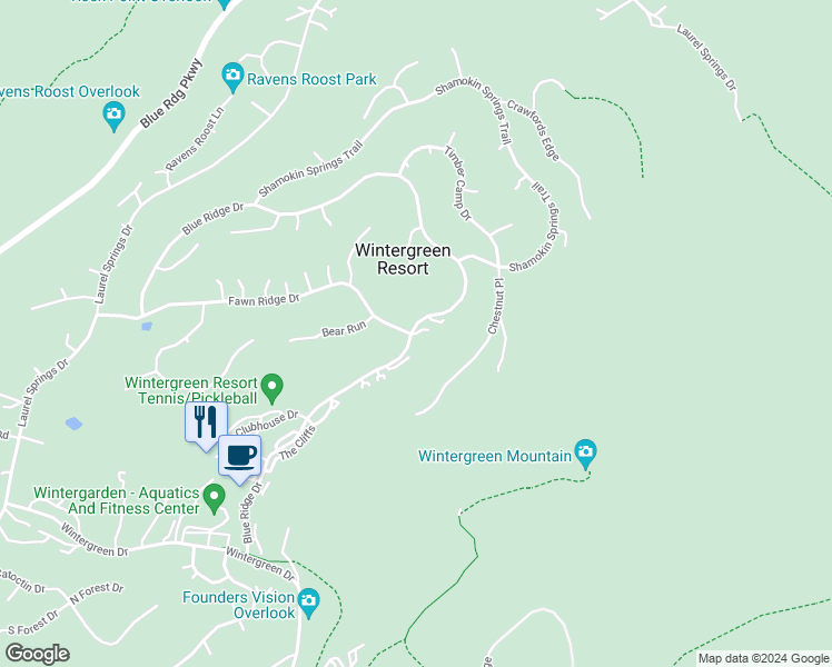 map of restaurants, bars, coffee shops, grocery stores, and more near 1808 Highridge Court in Wintergreen Resort