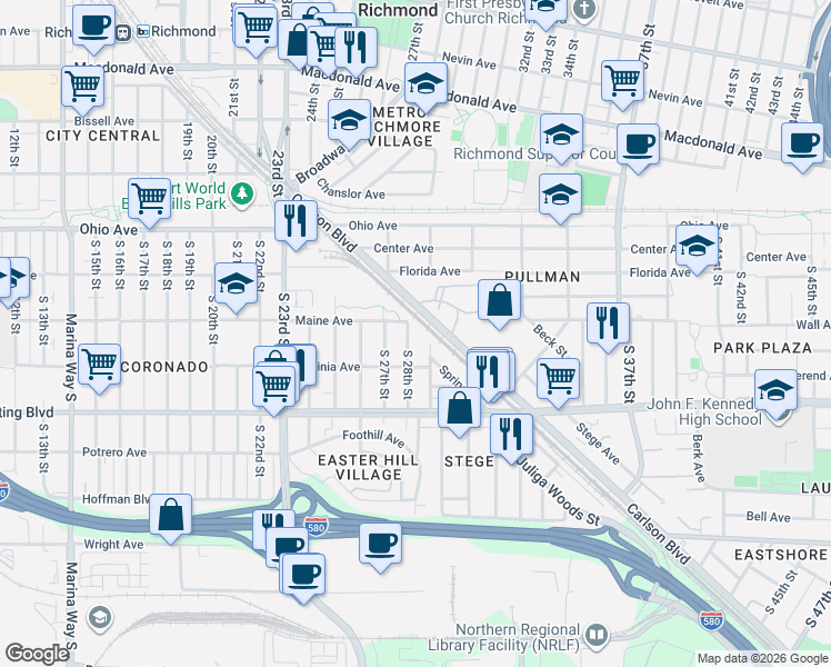 map of restaurants, bars, coffee shops, grocery stores, and more near 2730 Maine Avenue in Richmond