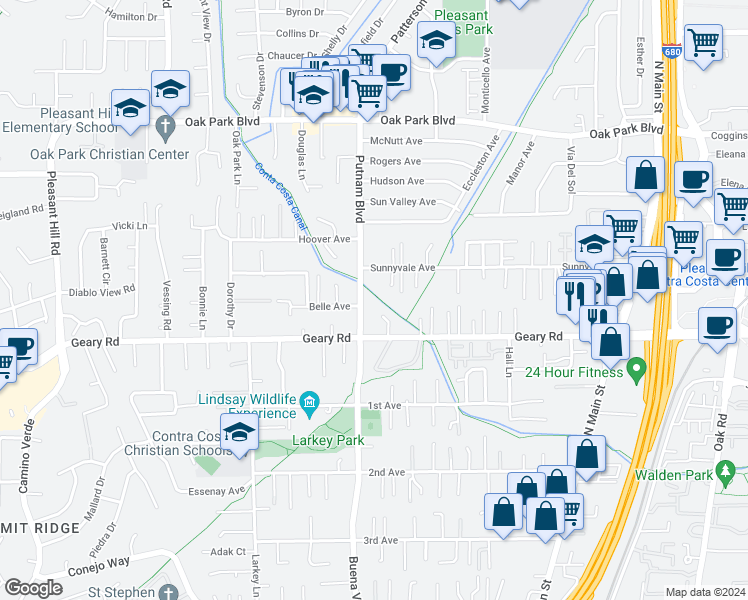 map of restaurants, bars, coffee shops, grocery stores, and more near 2940 Putnam Boulevard in Walnut Creek