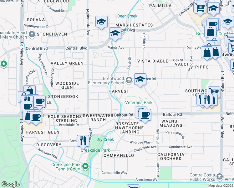 map of restaurants, bars, coffee shops, grocery stores, and more near 293 Amberleaf Way in Brentwood
