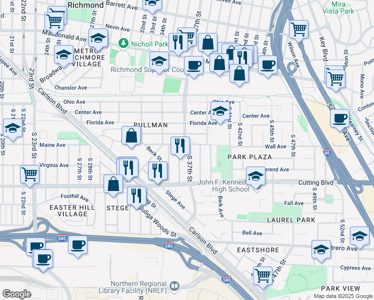 map of restaurants, bars, coffee shops, grocery stores, and more near 319 South 37th Street in Richmond