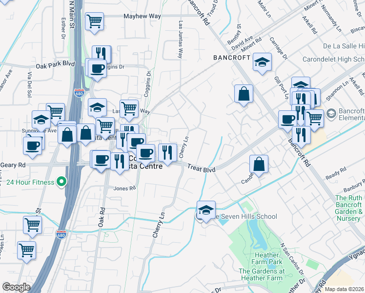 map of restaurants, bars, coffee shops, grocery stores, and more near 2912 Cherry Ln in Walnut Creek