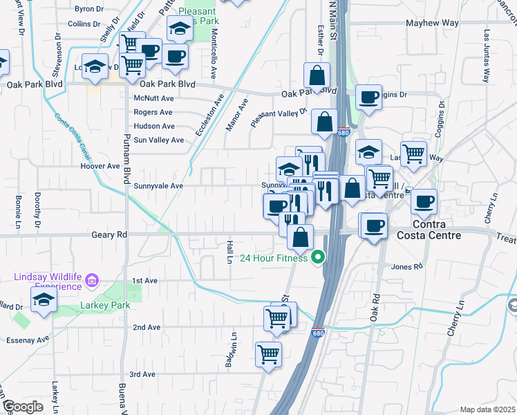 map of restaurants, bars, coffee shops, grocery stores, and more near 1613 Sunnyvale Drive in Walnut Creek