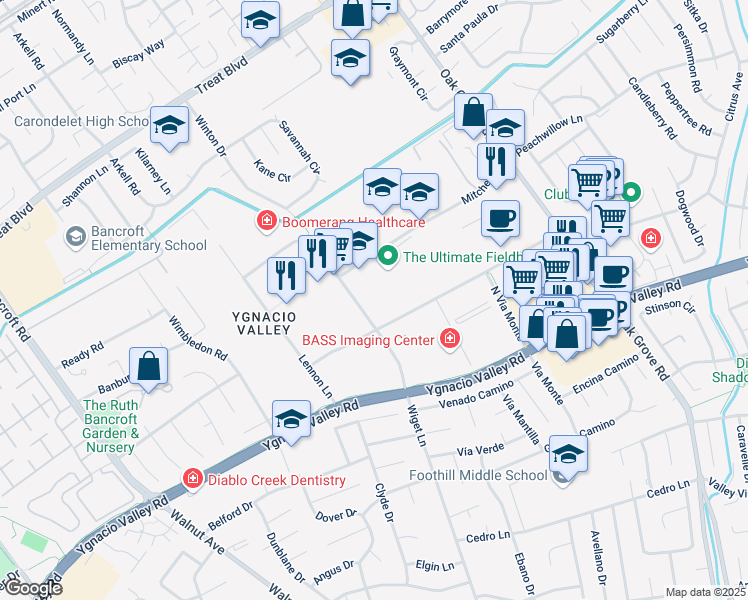 map of restaurants, bars, coffee shops, grocery stores, and more near 250 North Wiget Lane in Walnut Creek