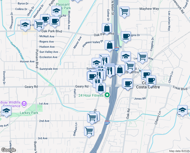 map of restaurants, bars, coffee shops, grocery stores, and more near 1064 Wesley Court in Walnut Creek