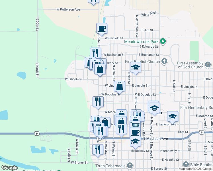 map of restaurants, bars, coffee shops, grocery stores, and more near 299 W Lincoln St in Iola