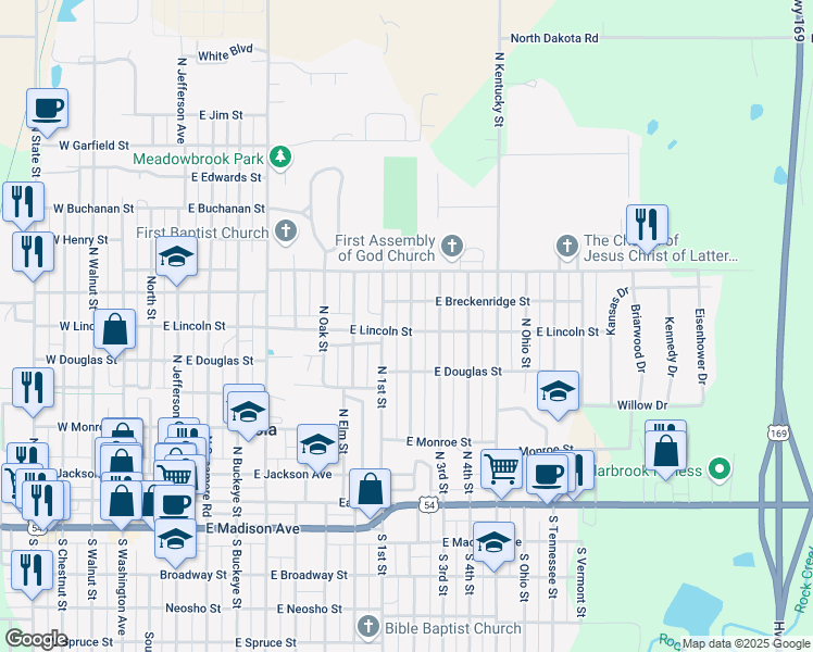 map of restaurants, bars, coffee shops, grocery stores, and more near 948 E Lincoln St in Iola