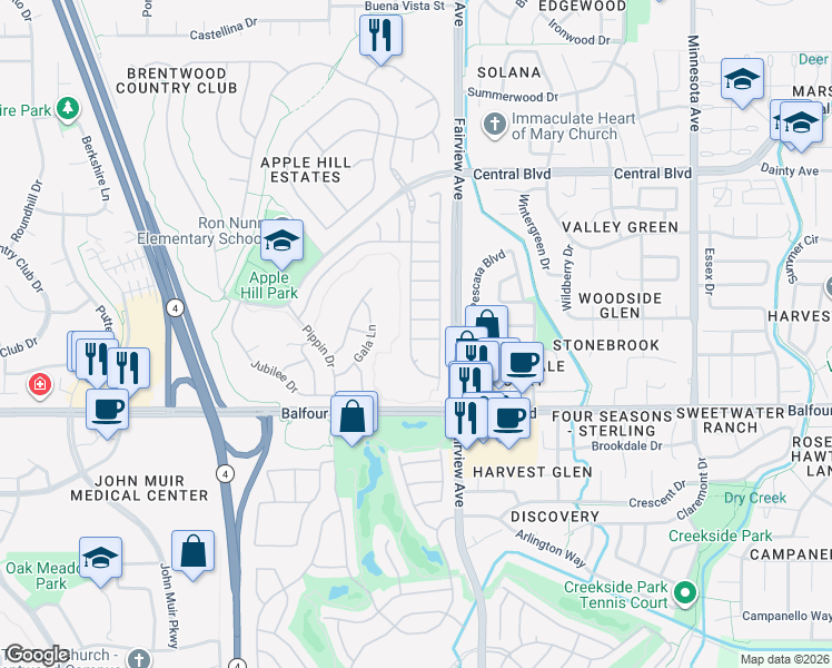 map of restaurants, bars, coffee shops, grocery stores, and more near 1541 Carlton Way in Brentwood