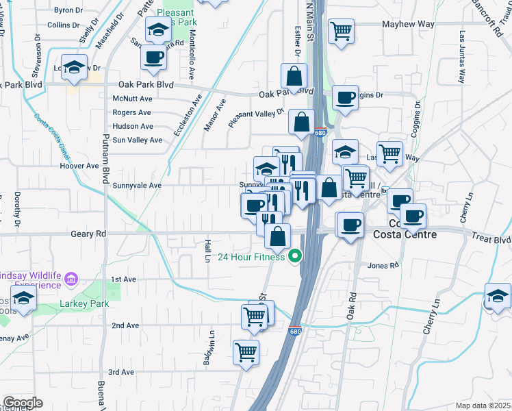 map of restaurants, bars, coffee shops, grocery stores, and more near 1595 Sunnyvale Avenue in Walnut Creek