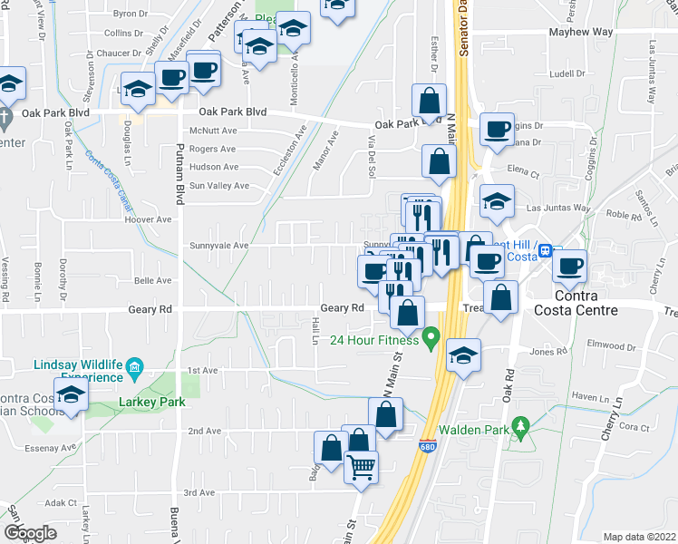 map of restaurants, bars, coffee shops, grocery stores, and more near 1613 Sunnyvale Drive in Walnut Creek