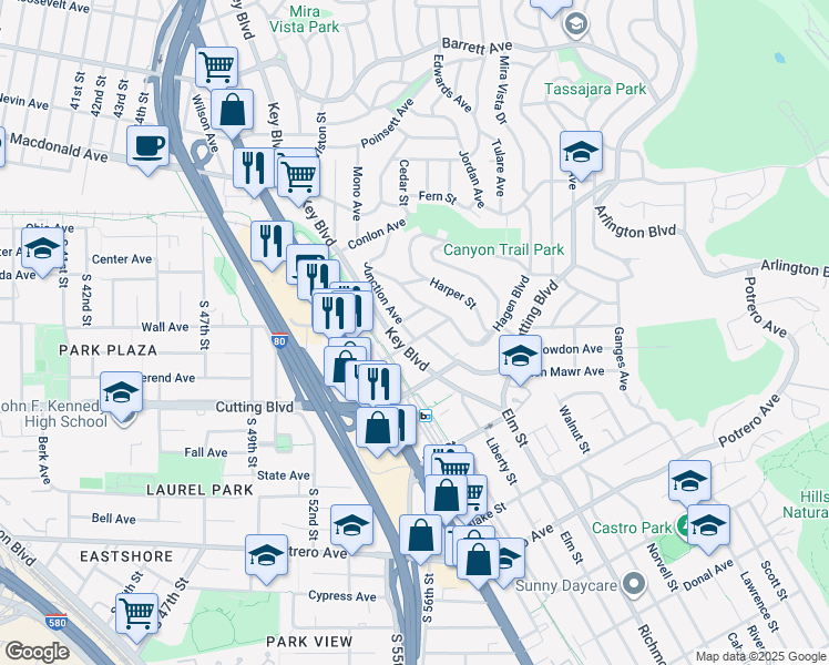 map of restaurants, bars, coffee shops, grocery stores, and more near 6431 Knott Avenue in El Cerrito