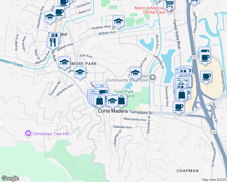 map of restaurants, bars, coffee shops, grocery stores, and more near 47 Redwood Avenue in Corte Madera