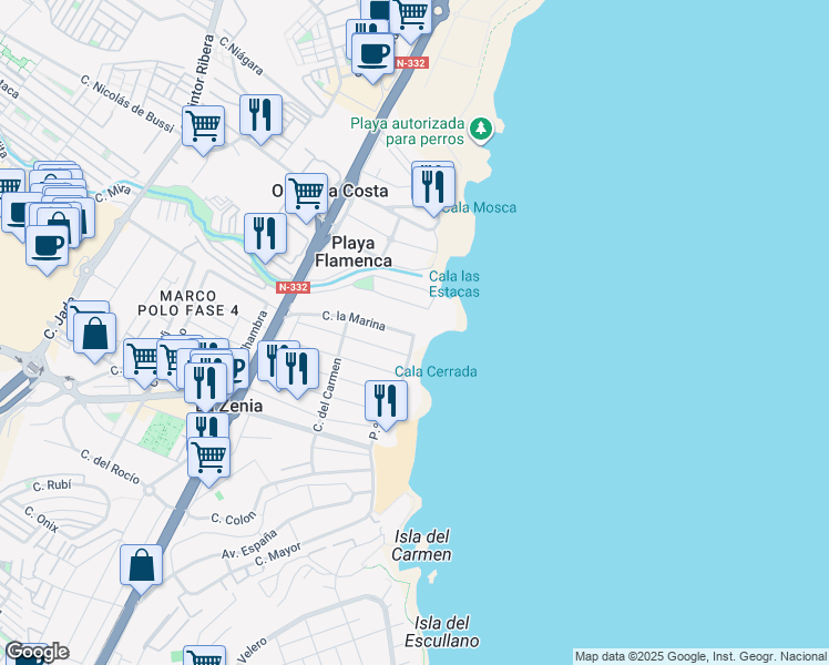 map of restaurants, bars, coffee shops, grocery stores, and more near 33 Calle la Marina in Orihuela
