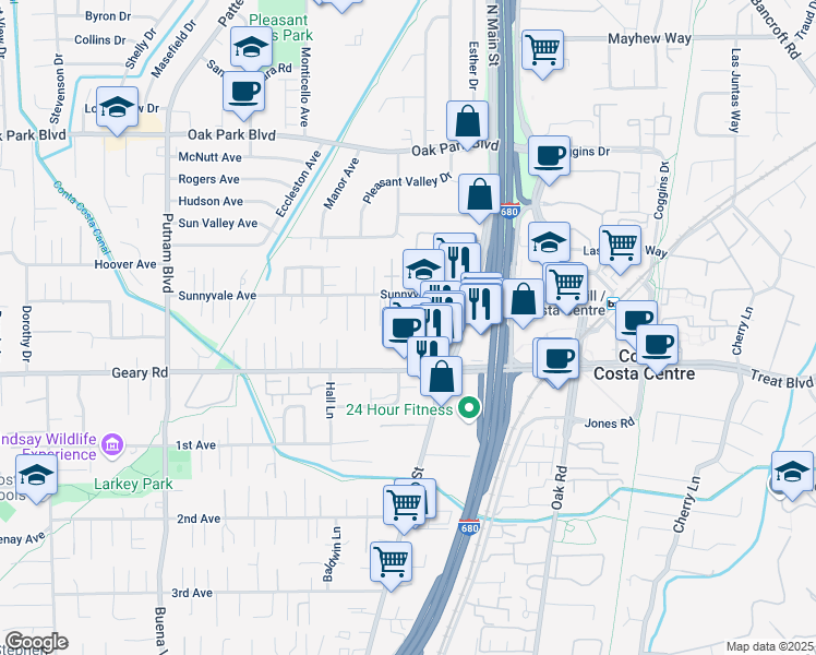 map of restaurants, bars, coffee shops, grocery stores, and more near 1595 Sunnyvale Avenue in Walnut Creek
