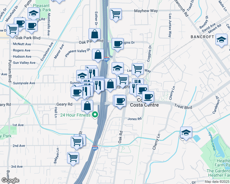 map of restaurants, bars, coffee shops, grocery stores, and more near 1255 Treat Boulevard in Walnut Creek