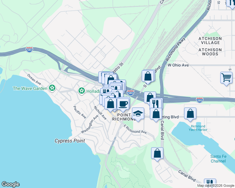 map of restaurants, bars, coffee shops, grocery stores, and more near 18 Washington Avenue in Richmond