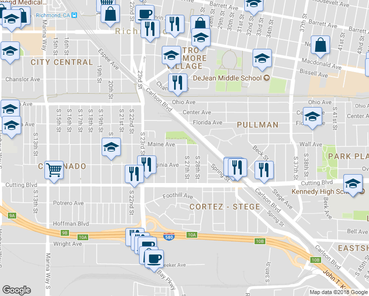 map of restaurants, bars, coffee shops, grocery stores, and more near 2626 Maine Avenue in Richmond