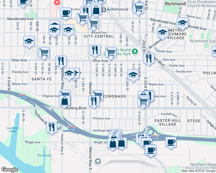 map of restaurants, bars, coffee shops, grocery stores, and more near 329 South 17th Street in Richmond