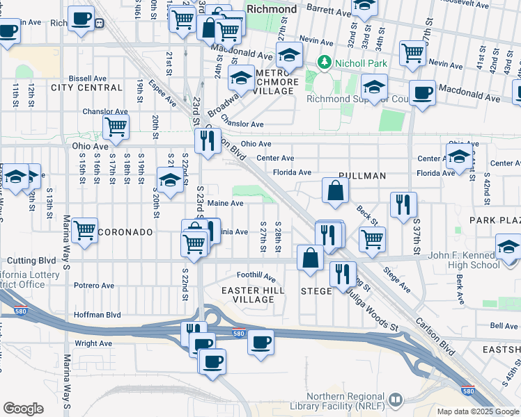 map of restaurants, bars, coffee shops, grocery stores, and more near 2626 Maine Avenue in Richmond