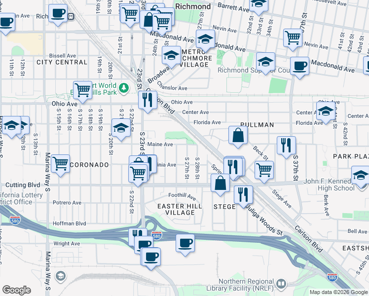 map of restaurants, bars, coffee shops, grocery stores, and more near 2626 Maine Avenue in Richmond