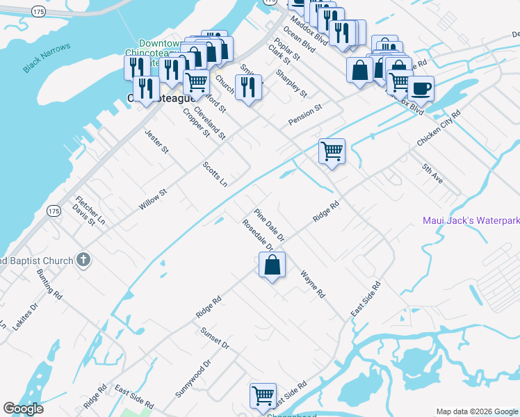 map of restaurants, bars, coffee shops, grocery stores, and more near 6400-6498 Holly Dr in Chincoteague Island