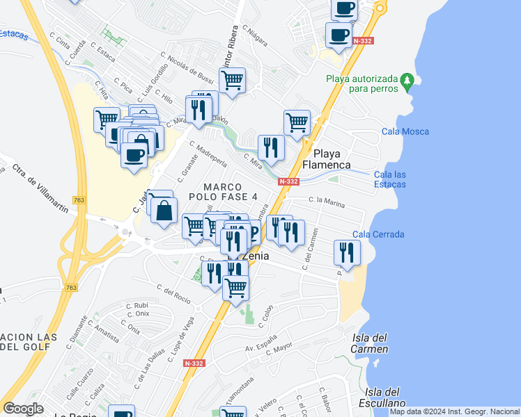 map of restaurants, bars, coffee shops, grocery stores, and more near 9 Carretera Cartagena-Alicante in Orihuela