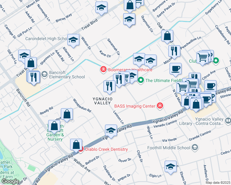 map of restaurants, bars, coffee shops, grocery stores, and more near Mitchell Drive in Walnut Creek