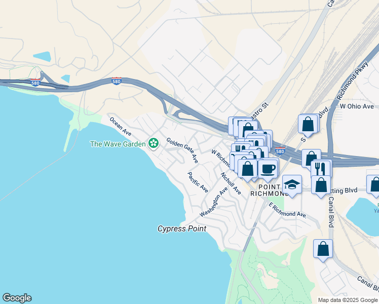 map of restaurants, bars, coffee shops, grocery stores, and more near 420 Golden Gate Avenue in Richmond