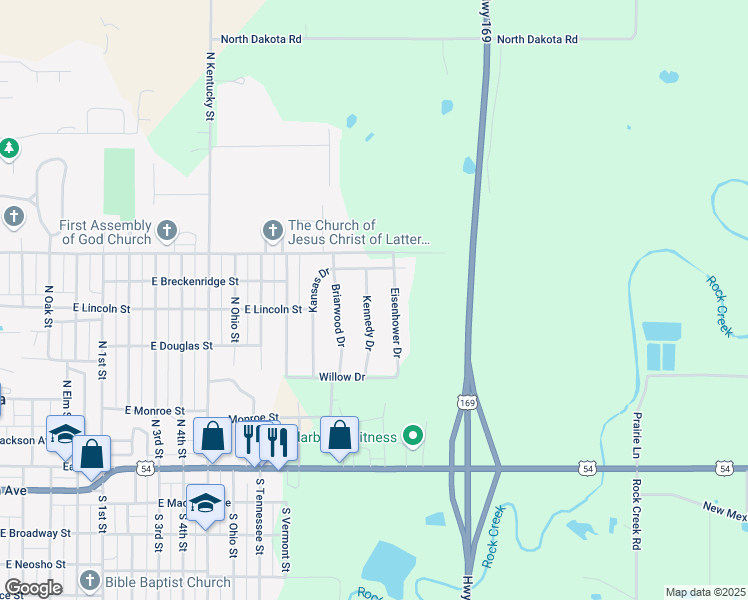map of restaurants, bars, coffee shops, grocery stores, and more near 301-699 Kennedy Drive in Iola