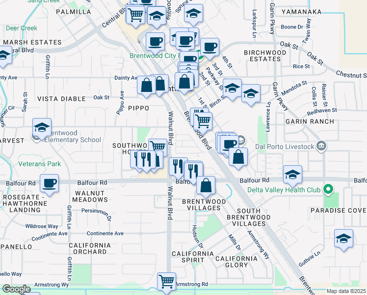 map of restaurants, bars, coffee shops, grocery stores, and more near 3660 Walnut Boulevard in Brentwood