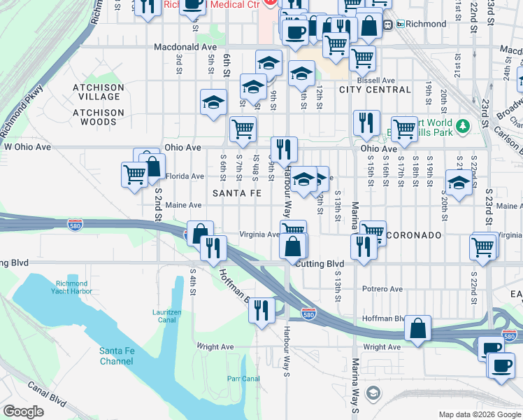 map of restaurants, bars, coffee shops, grocery stores, and more near 812 Maine Avenue in Richmond