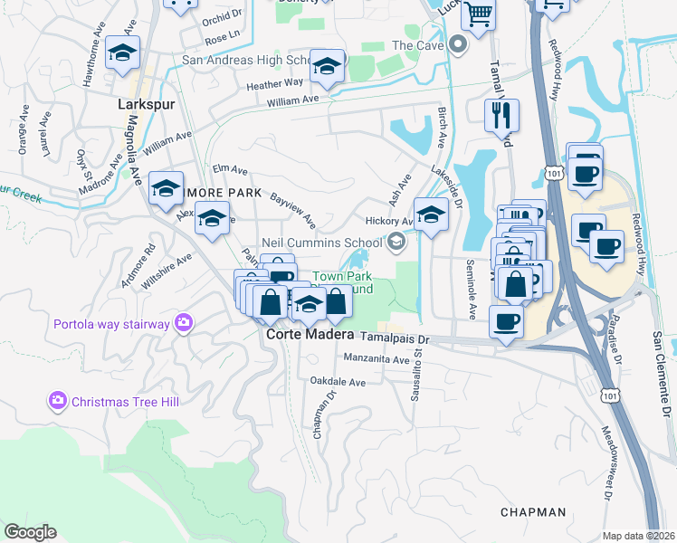 map of restaurants, bars, coffee shops, grocery stores, and more near 140 Pixley Avenue in Corte Madera