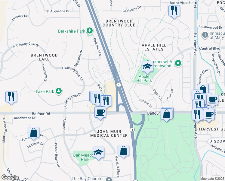 map of restaurants, bars, coffee shops, grocery stores, and more near 150 Cortona Way in Brentwood