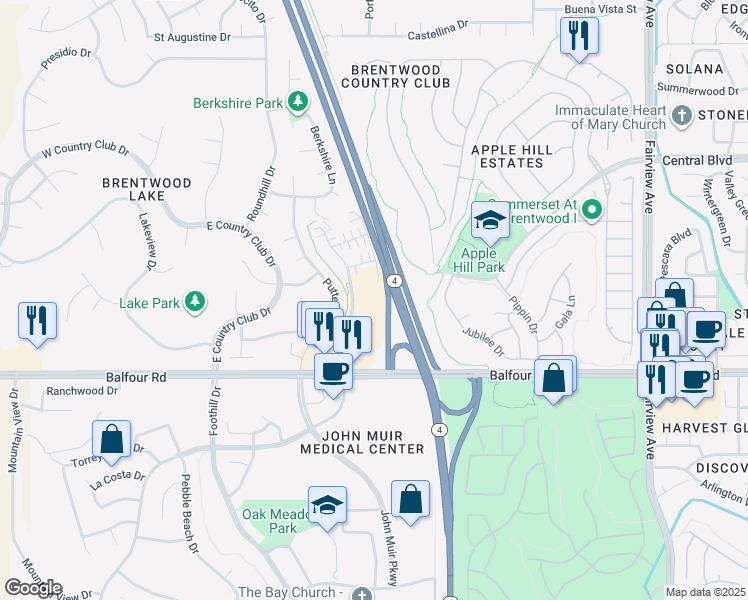 map of restaurants, bars, coffee shops, grocery stores, and more near 150 Cortona Way in Brentwood