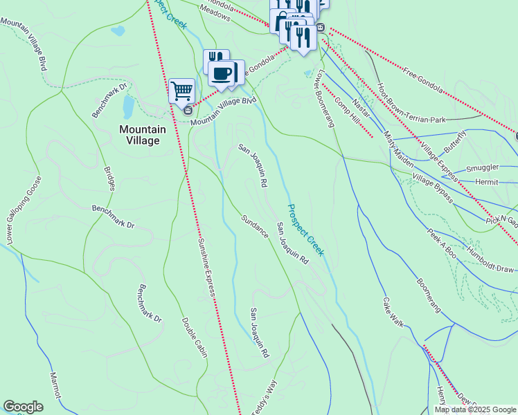 map of restaurants, bars, coffee shops, grocery stores, and more near 125 Cortina Drive in Mountain Village
