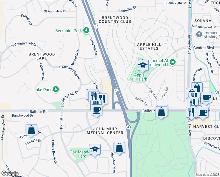 map of restaurants, bars, coffee shops, grocery stores, and more near 150 Cortona Way in Brentwood
